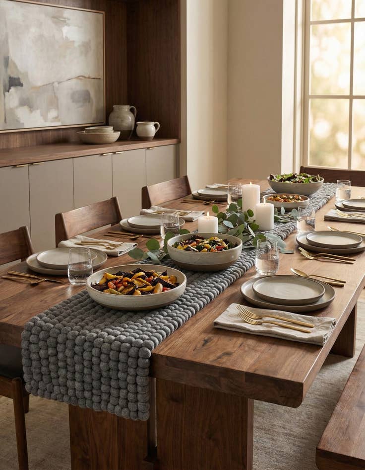 Detail image of 1' 2 x 10'  Hand Woven Felt Ball Wool Table Runner Rug