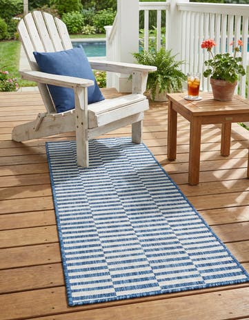 Blue Easy-Clean Striped Indoor / Outdoor Runner Rug