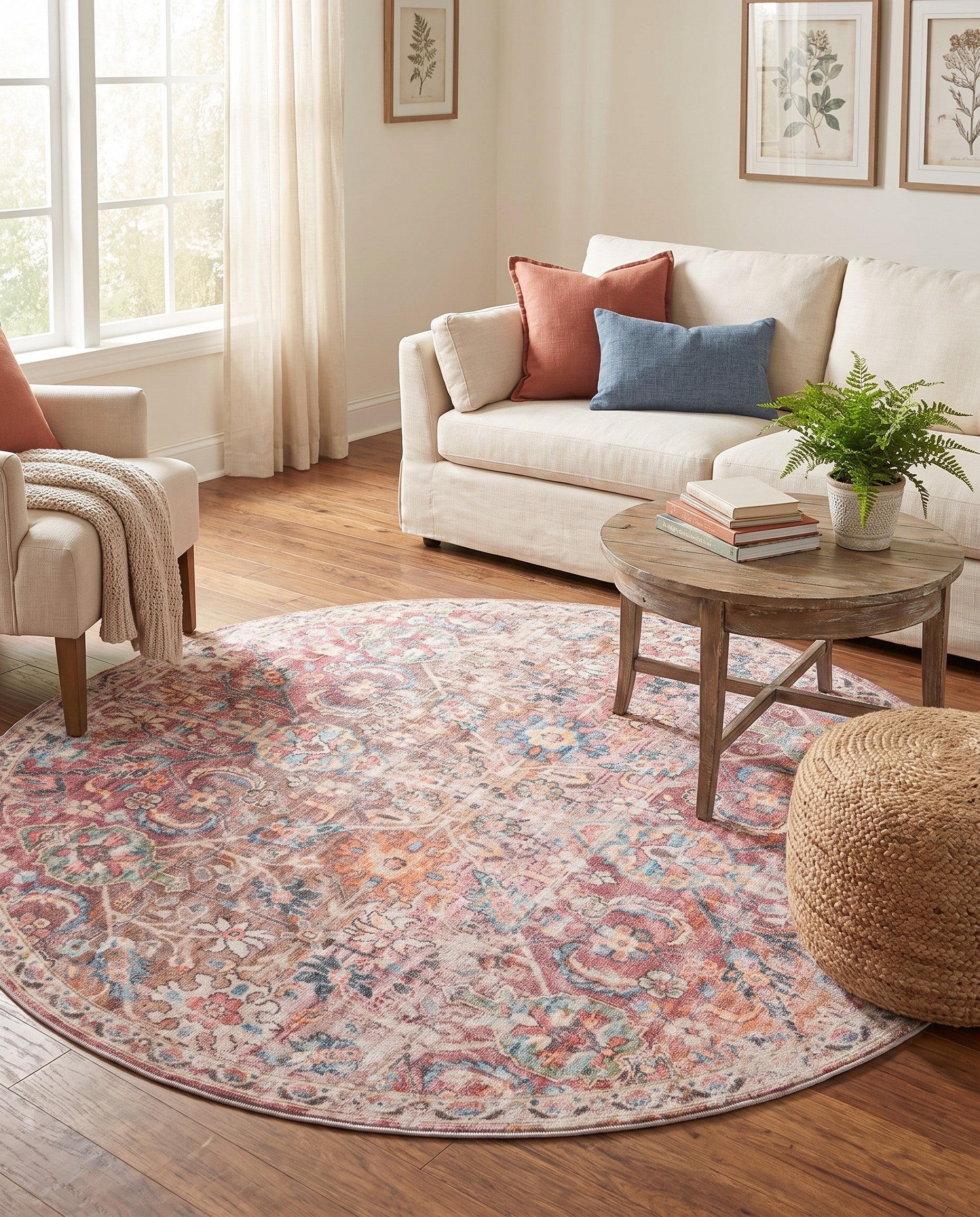 Ivory and Pink Washable Nostalgia Round Rug