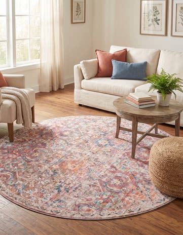 Ivory and Pink Washable Nostalgia Round Rug