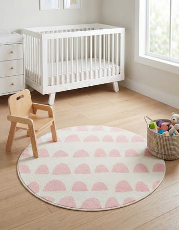 Ivory and Pink Whimsy Kids Round Rug