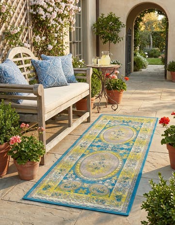 Blue Easy-Clean Traditional Indoor / Outdoor Runner Rug