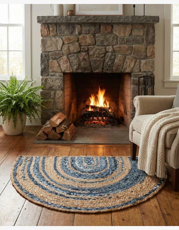 Blue and Natural Handmade Braided Chindi Hearth Rug