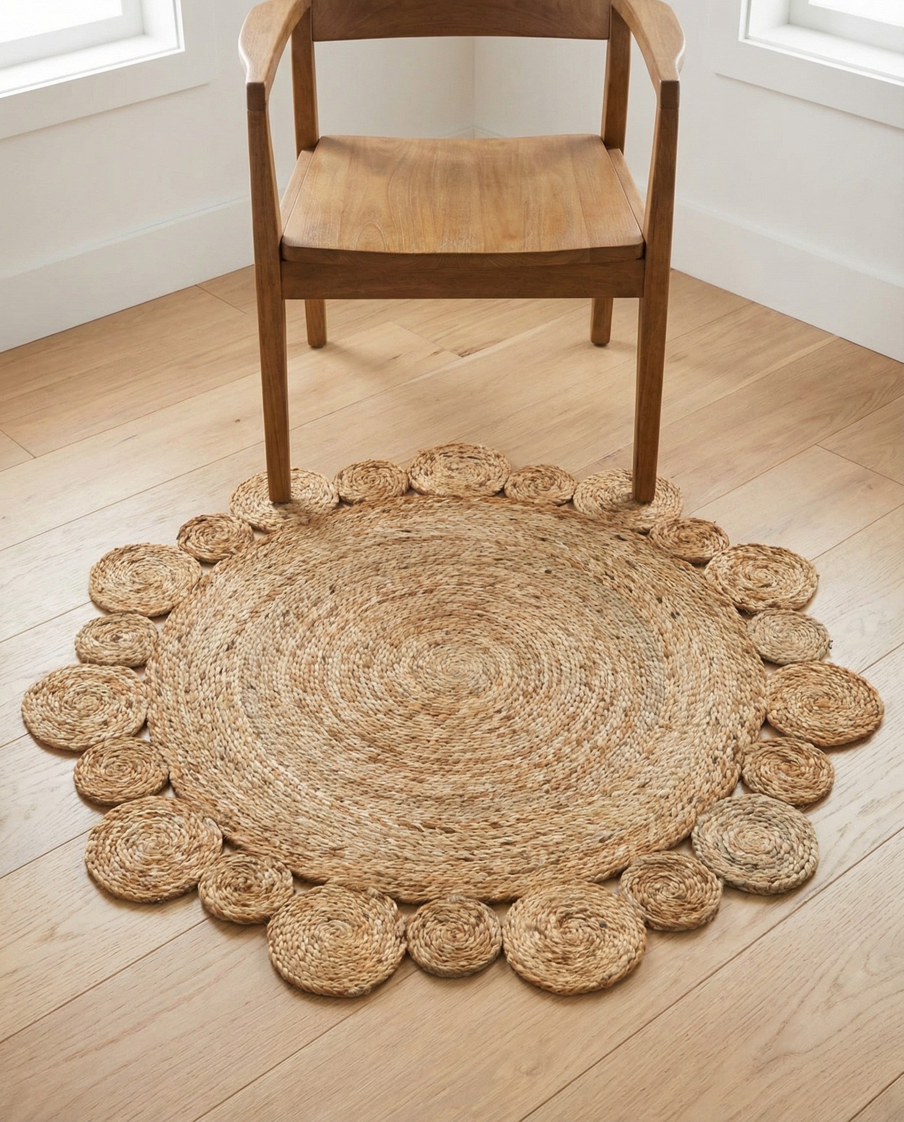 A 3' 1 x 3' 1 round natural jute rug with a central braided spiral and a unique scalloped edge made of smaller braided circles.