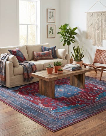 Red and Blue Washable Mangata Square Rug