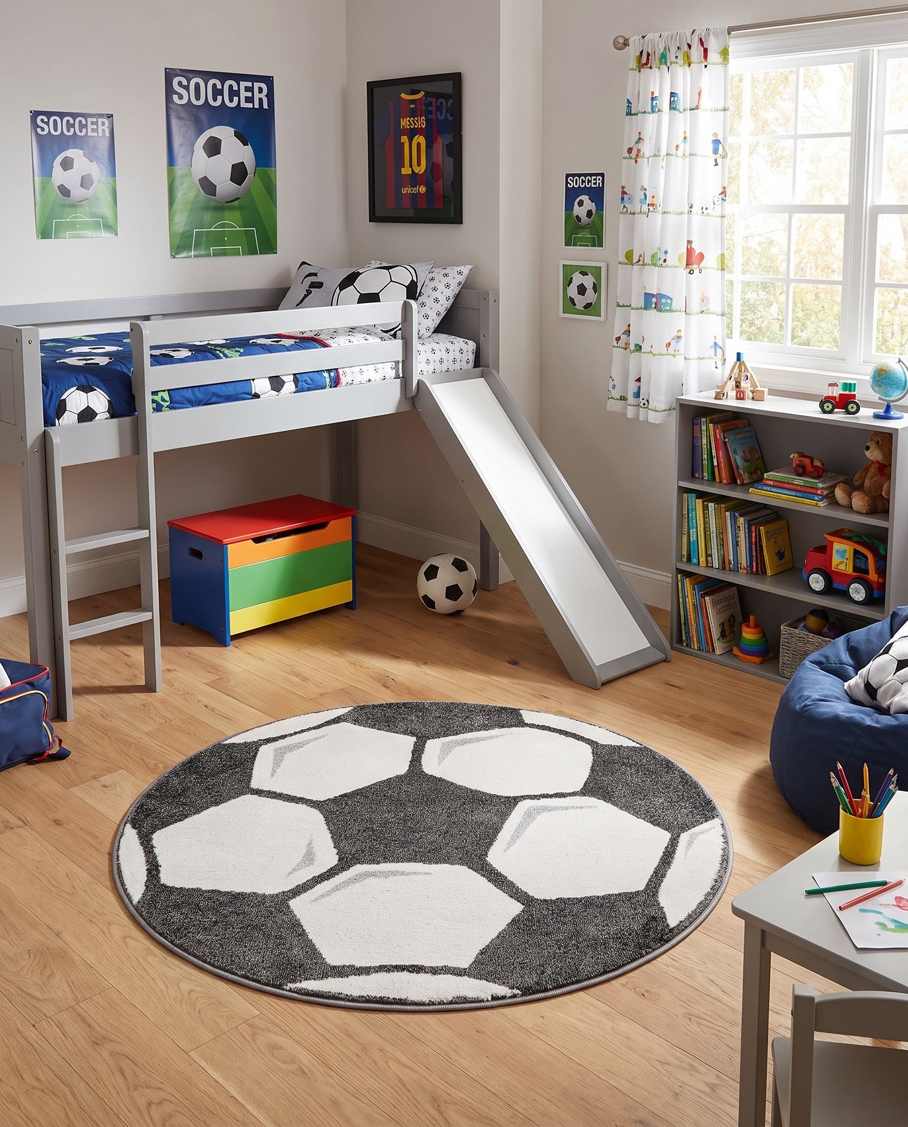 Black and White Soccer Ball Whimsy Kids Round Rug