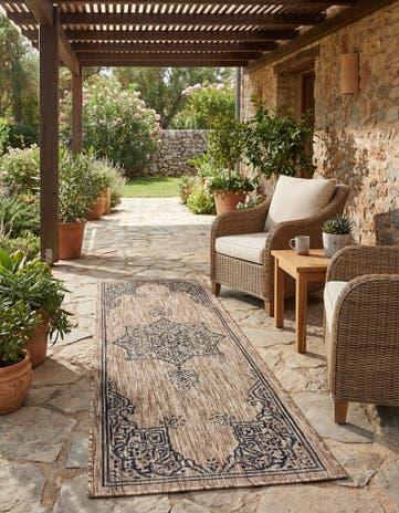 Beige Easy-Clean Traditional Indoor / Outdoor Runner Rug