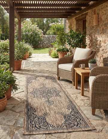 Beige Easy-Clean Traditional Indoor / Outdoor Runner Rug