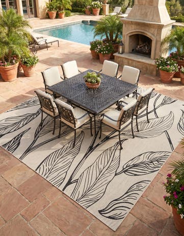 Charcoal Ivory Easy-Clean Botanical Indoor / Outdoor Square Rug