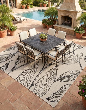 Charcoal Ivory Easy-Clean Botanical Indoor / Outdoor Square Rug