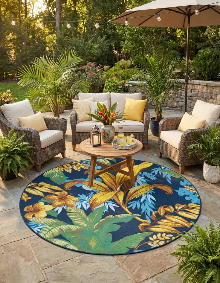 Detail image of 6' x 6' Washable Botanical Indoor / Outdoor Round Rug