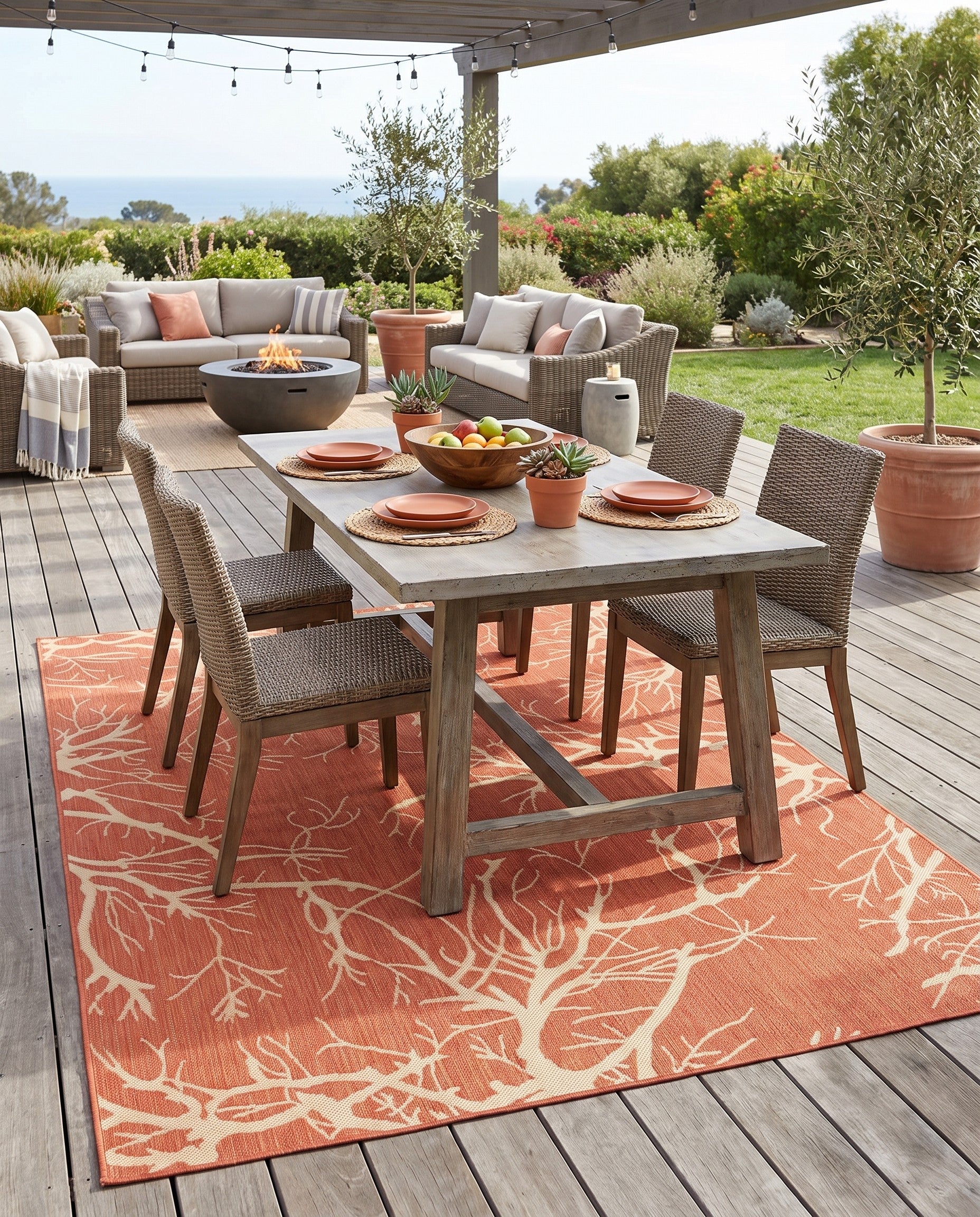 Terracotta Easy-Clean Botanical Indoor / Outdoor Rug