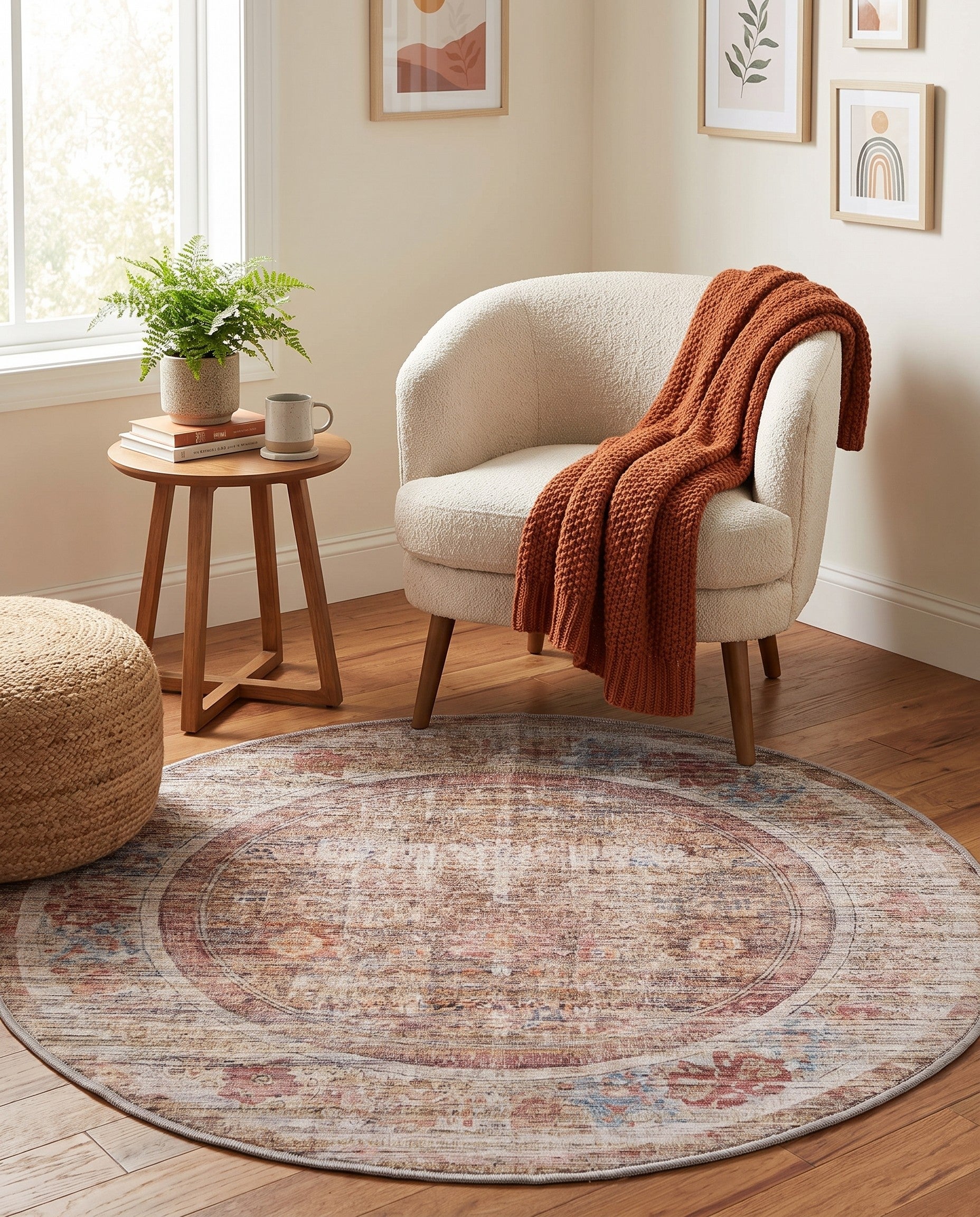 Rust Red and Brown Washable Nostalgia Round Rug