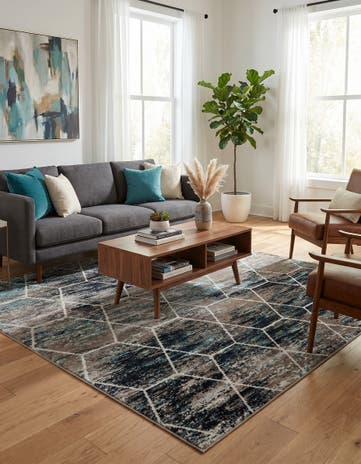 Blue Multi Lattice Frieze Square Rug