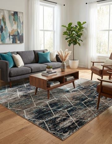 Blue Multi Lattice Frieze Square Rug