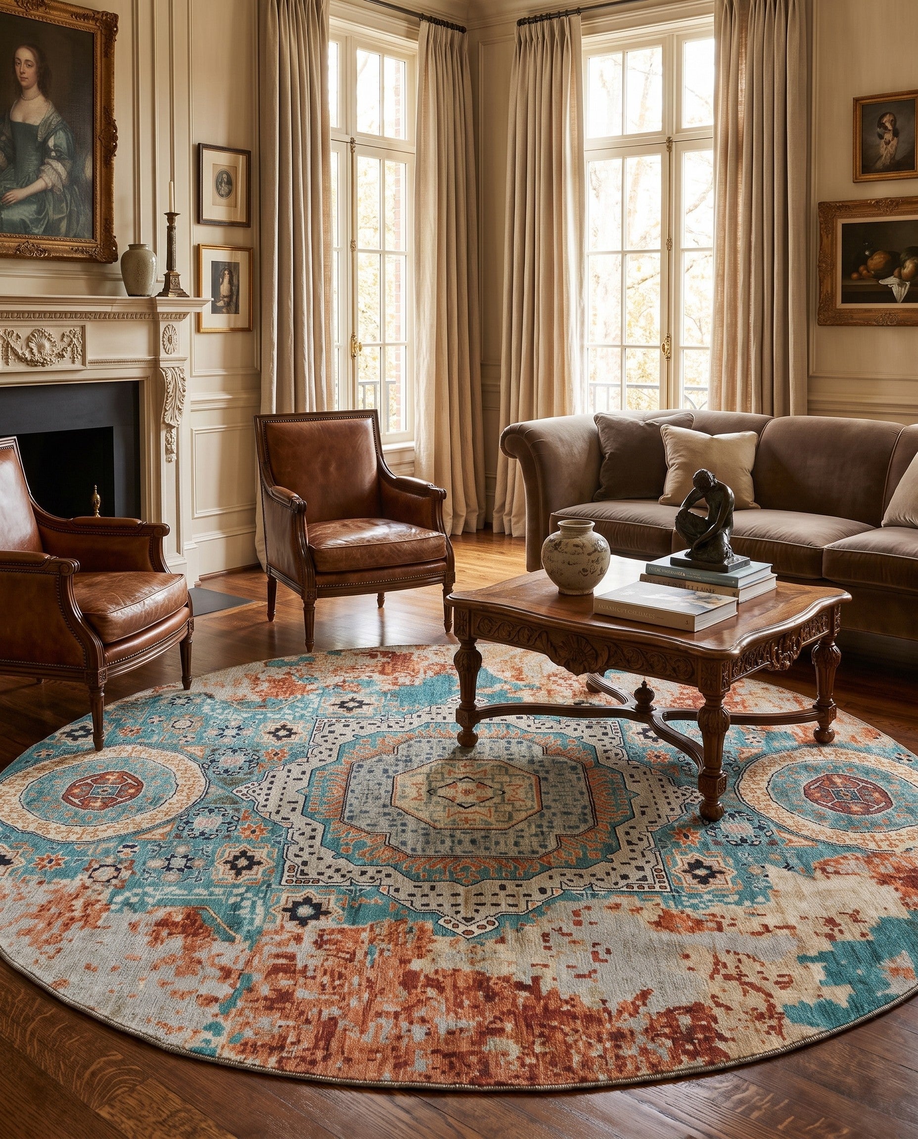 7' 11 x 7' 11 Hand Knotted Mamluk Ziegler Round Rug