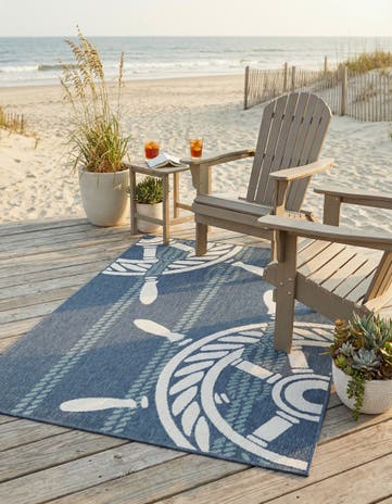 Navy Blue Easy-Clean Coastal Indoor / Outdoor Rug