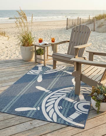 Navy Blue Easy-Clean Coastal Indoor / Outdoor Rug