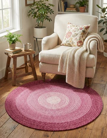 Pink Handmade Hand Braided Wool Round Rug