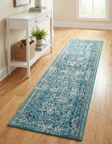 Light Blue Washable Fleur Runner Rug
