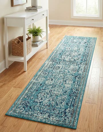 Light Blue Washable Fleur Runner Rug