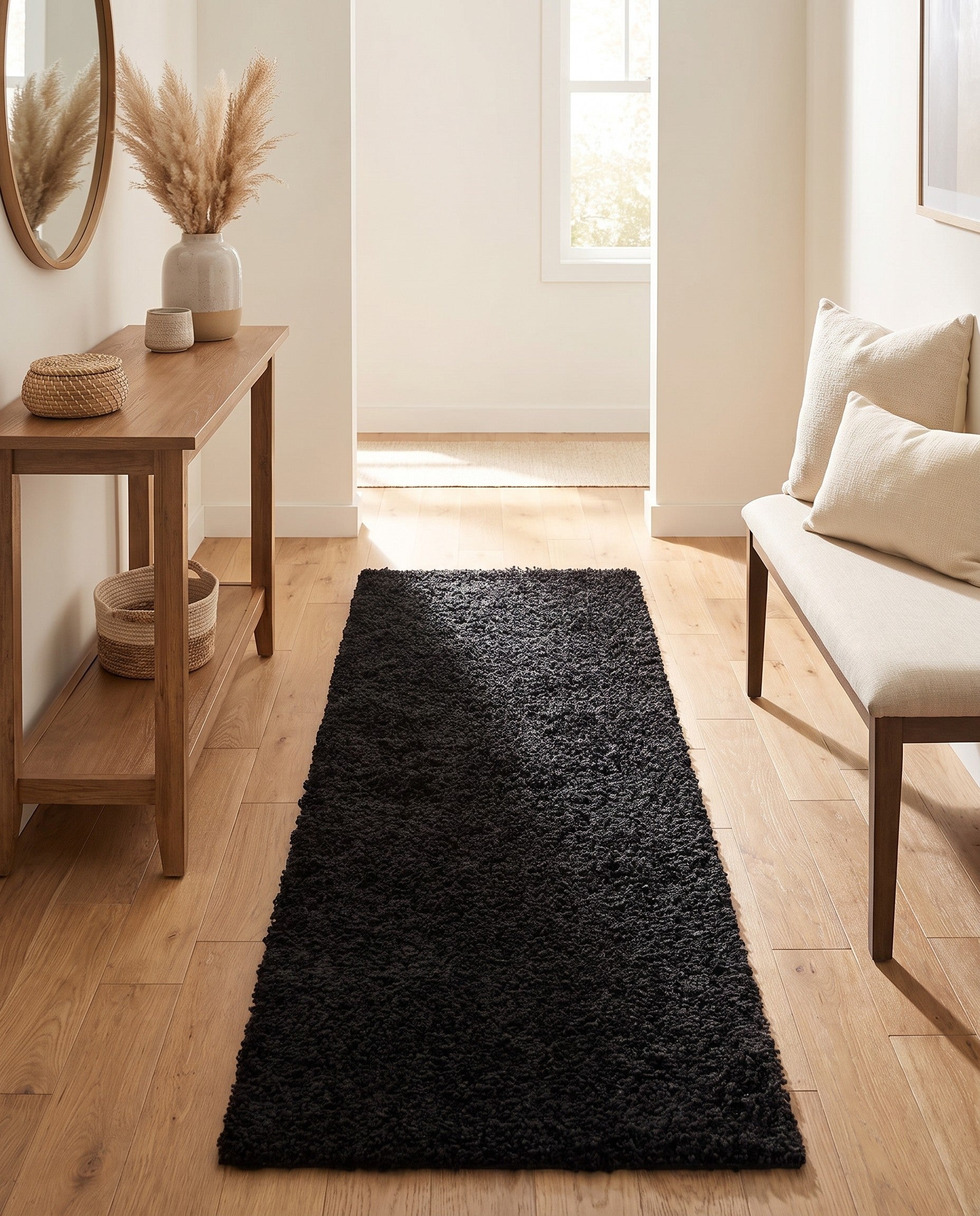 Jet Black Solid Shag Runner Rug