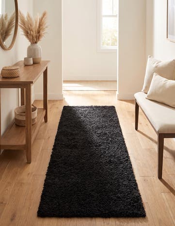 Jet Black Solid Shag Runner Rug