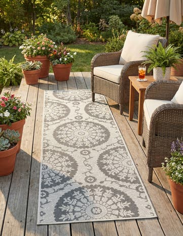 Gray Easy-Clean Botanical Indoor / Outdoor Runner Rug
