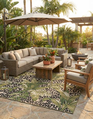 Green Easy-Clean Botanical Indoor / Outdoor Rug