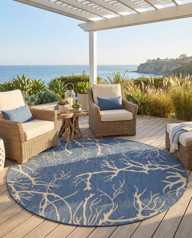 Detail image of 6' x 6' Easy-Clean Outdoor Botanical Coral Indoor / Outdoor Round Rug