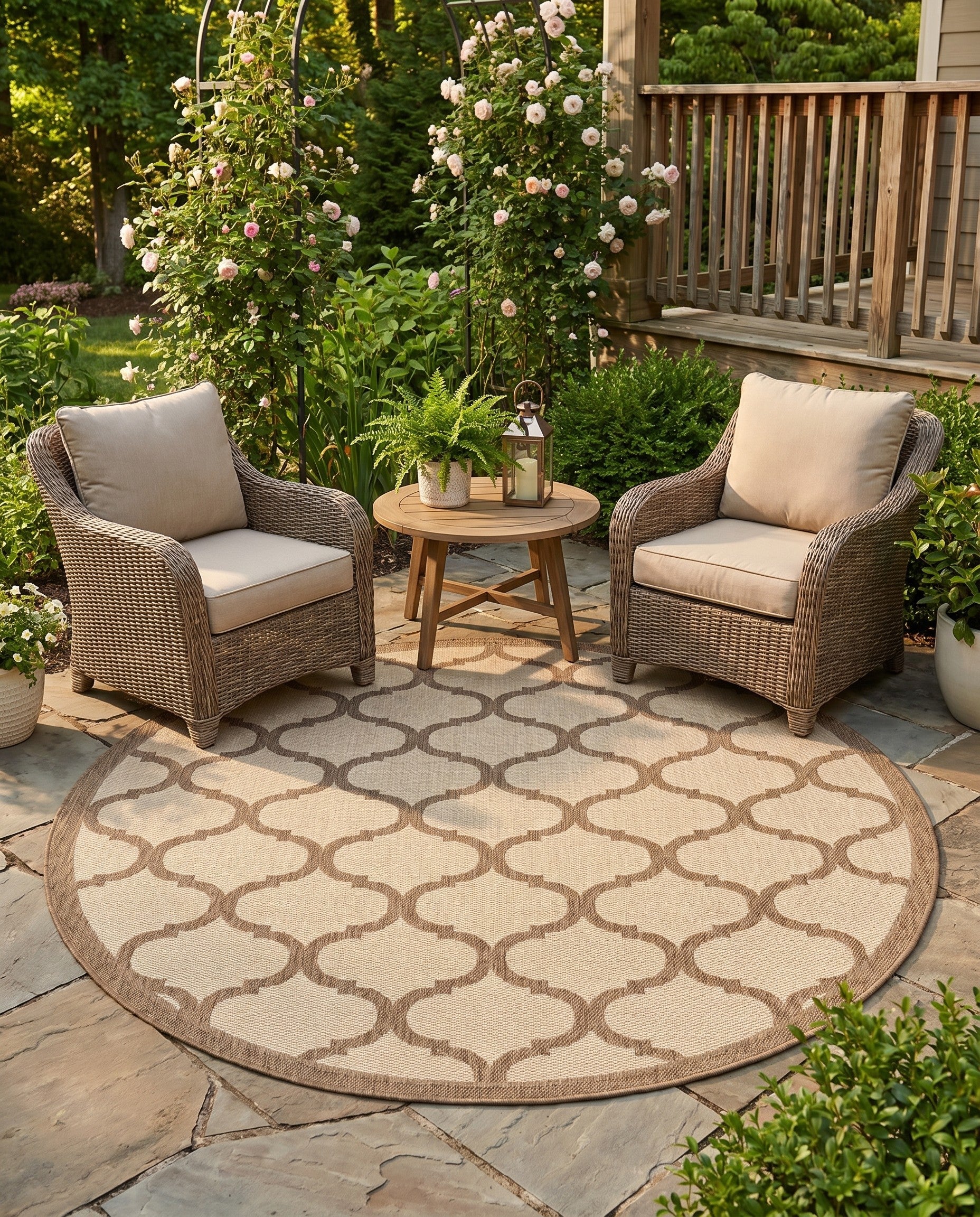 Beige and Brown Easy-Clean Lattice Indoor / Outdoor Round Rug