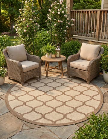 Beige and Brown Easy-Clean Trellis Indoor / Outdoor Round Rug