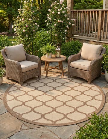 Beige and Brown Easy-Clean Trellis Indoor / Outdoor Round Rug