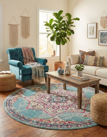 Light Blue Washable Fleur Round Rug