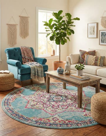 Light Blue Washable Fleur Round Rug