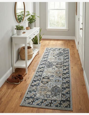 Ivory Gray Blue Kamala Washable Runner Rug