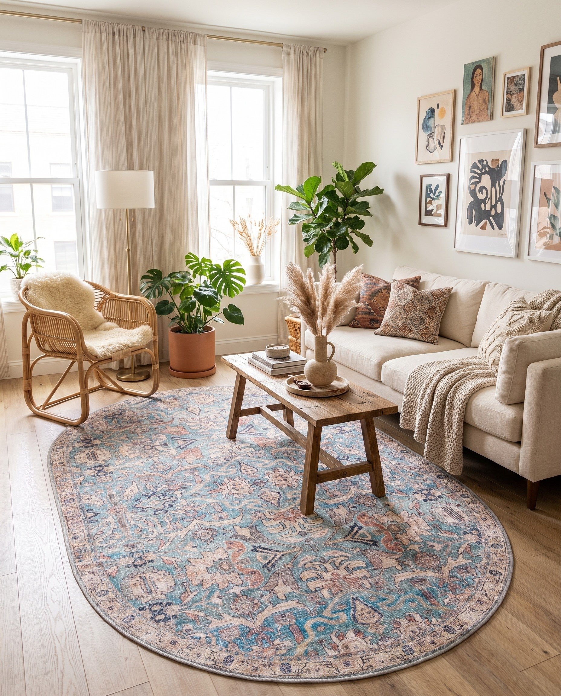 Blue Washable Nostalgia Oval Rug