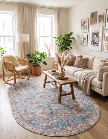 Blue Washable Nostalgia Oval Rug