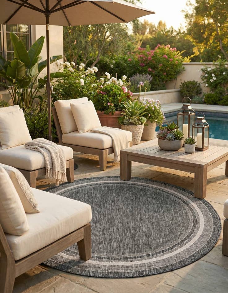 Detail image of 7' 10 x 7' 10 Washable Border Indoor / Outdoor Round Rug