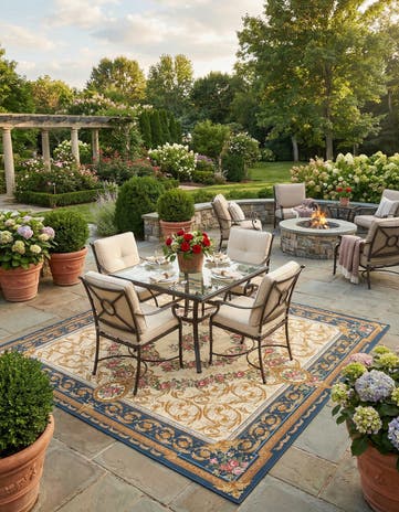 Navy Blue and Ivory Easy-Clean Traditional Indoor / Outdoor Square Rug