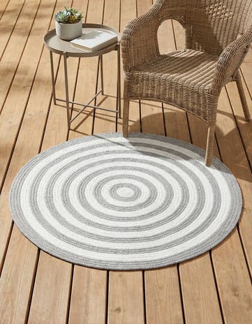 Gray and White Easy-Clean Eco Verse Washable Indoor / Outdoor Round Rug