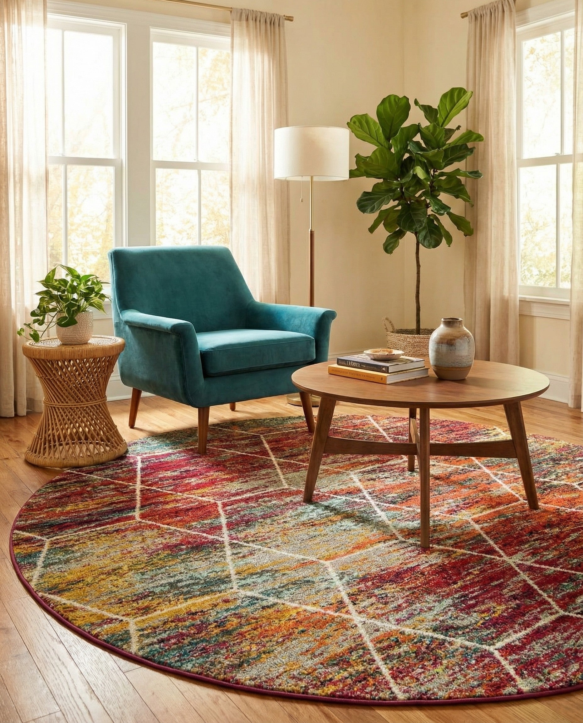 A 7' round multi-colored rug with an abstract modern trellis pattern in shades of red, orange, yellow, and teal.