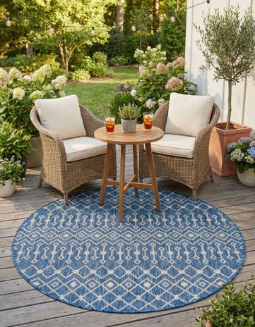 Blue Easy-Clean Lattice Indoor / Outdoor Round Rug