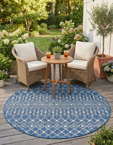 Blue Easy-Clean Lattice Indoor / Outdoor Round Rug