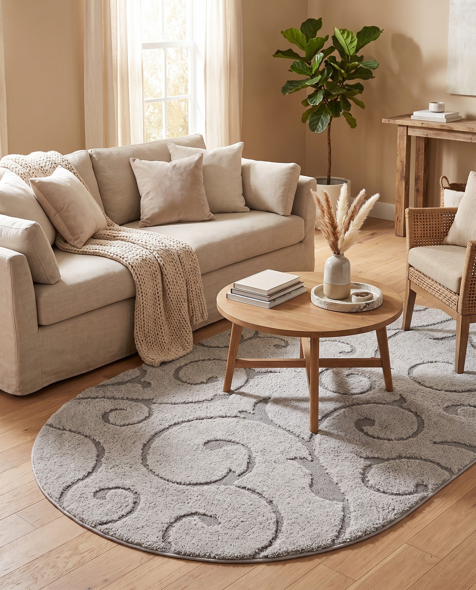 Light Gray and Gray Botanical Shag Oval Rug