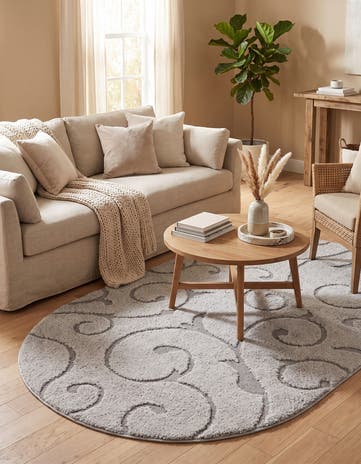 Light Gray and Gray Botanical Shag Oval Rug