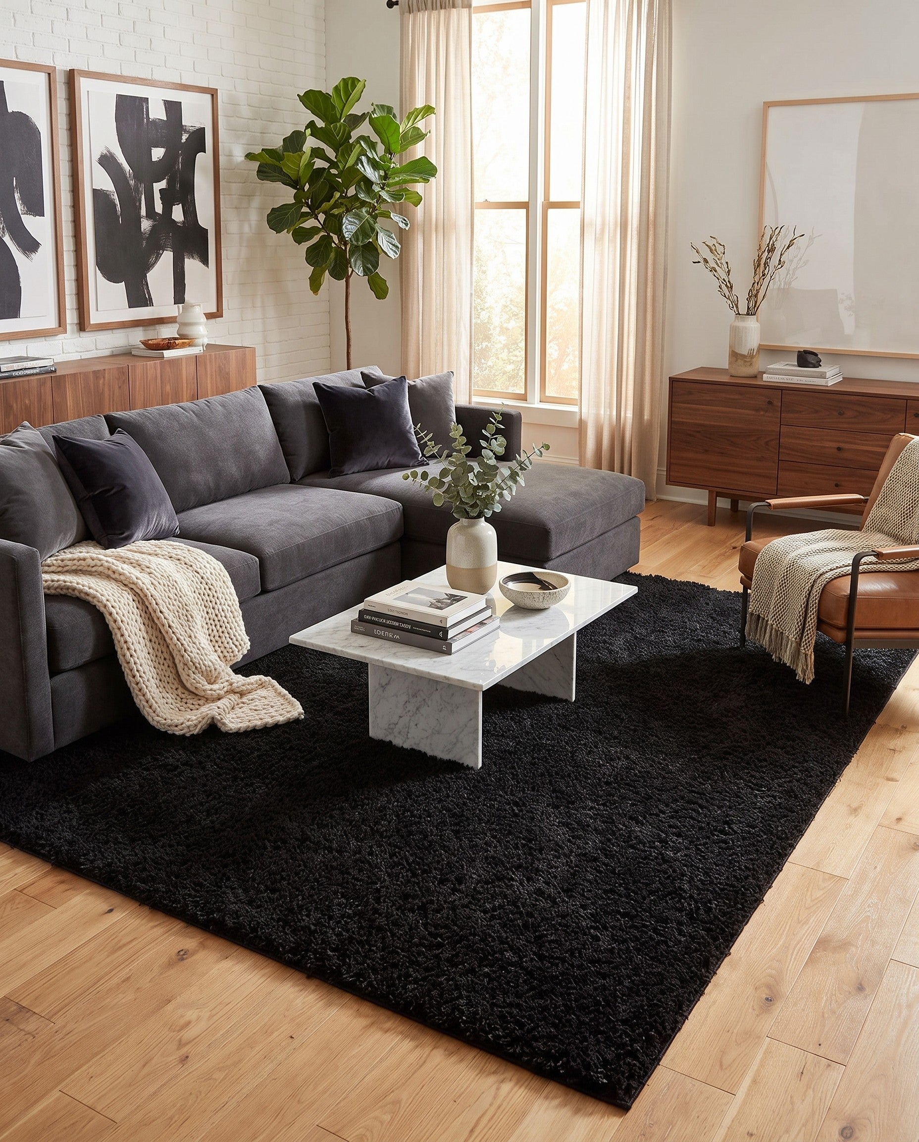 Jet Black Comfort Solid Shag Square Rug