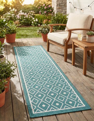Teal Easy-Clean Lattice Indoor / Outdoor Runner Rug