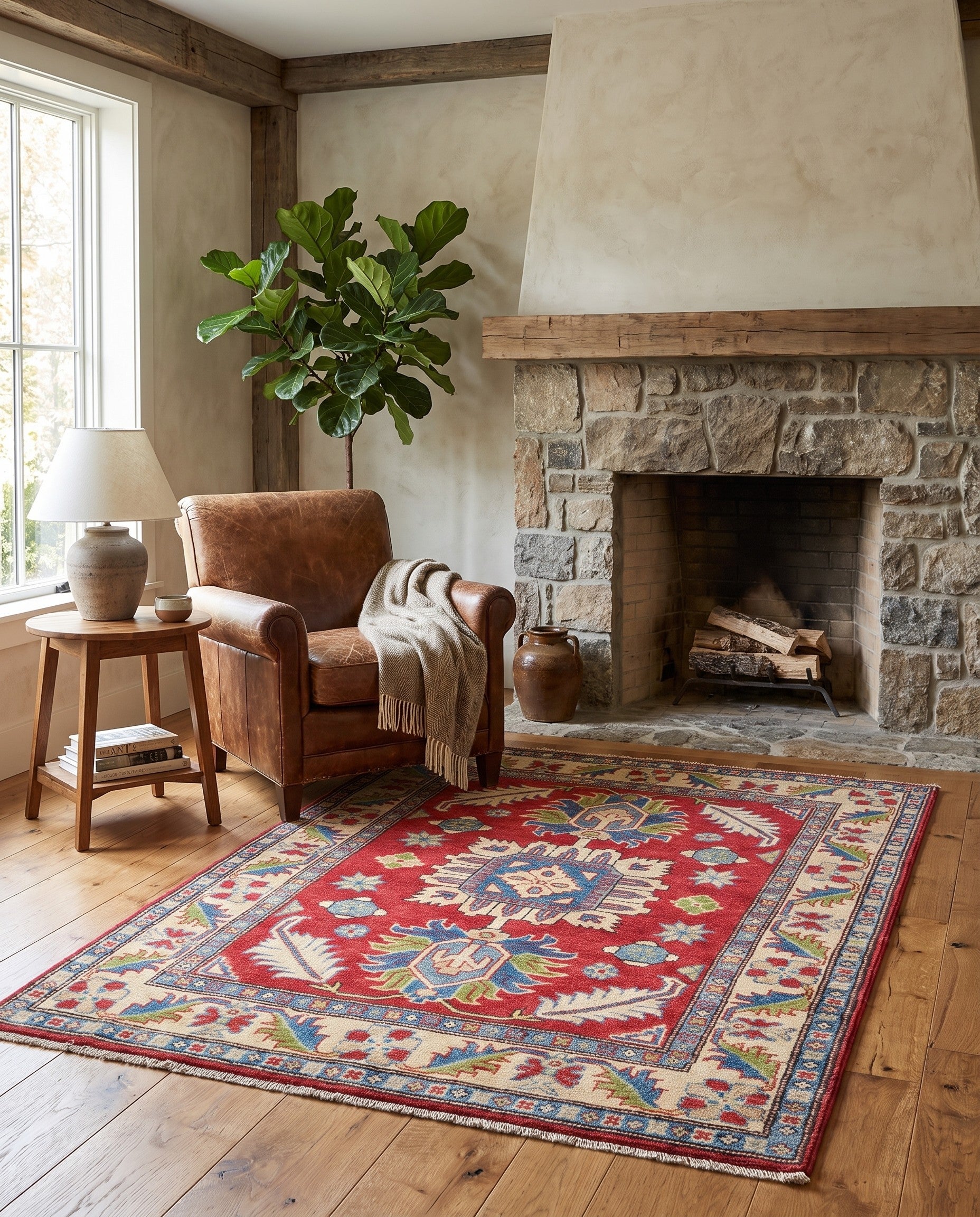 3' 4 x 4' 10 Hand Knotted Kazak Rug