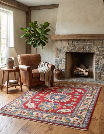 3' 4 x 4' 10 Hand Knotted Kazak Rug